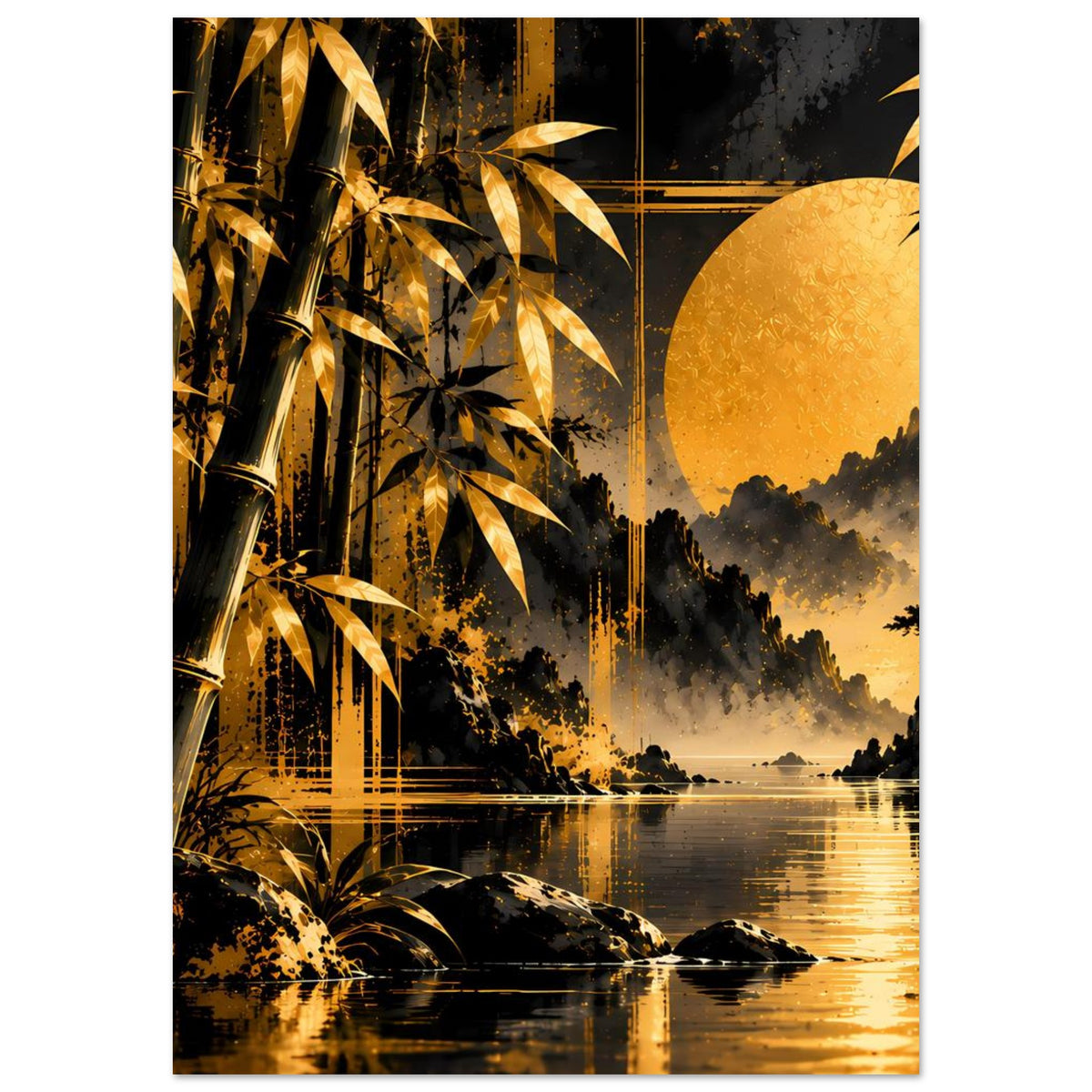 Bambuslandschafts-Poster in Goldtönen mit großem Mond, Nebel und See-Reflexion