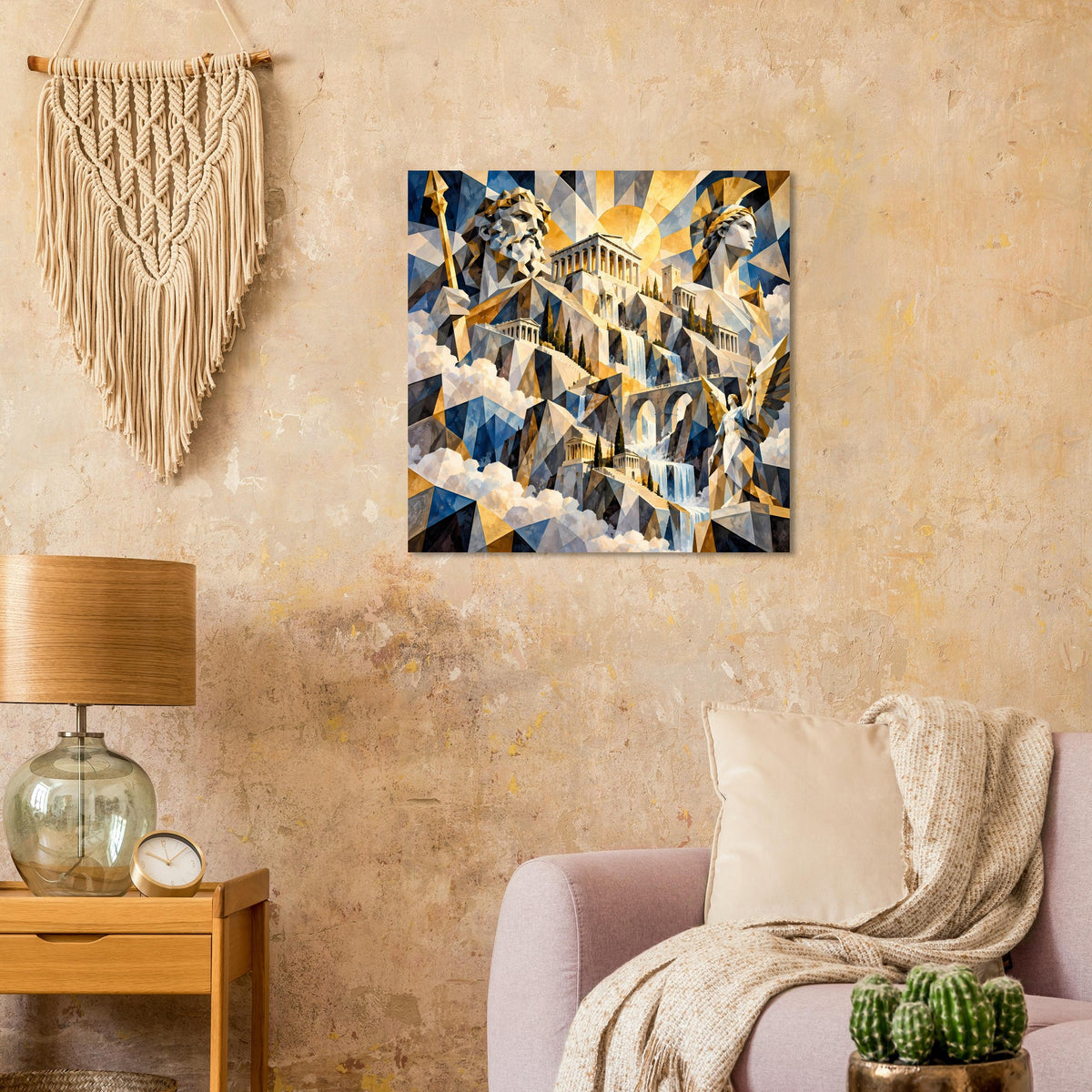Quadratisches Poster mit geometrischem Mosaikmotiv, Säulen und Figuren in Blau-Gold-Weiß