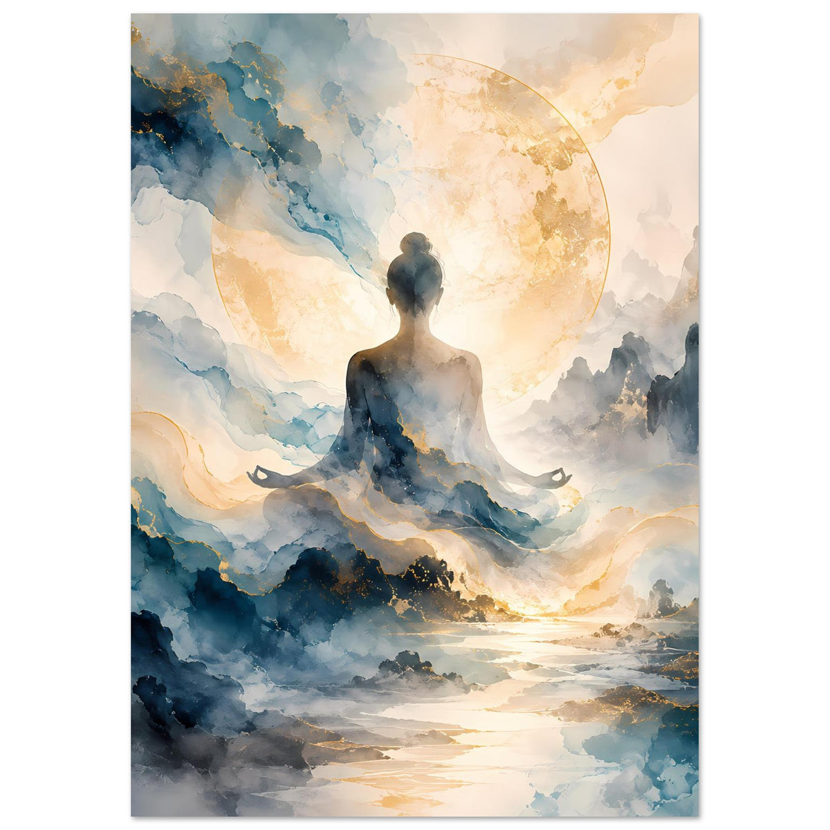 Zen-Poster mit Meditierender Figur, goldener Lichtscheibe und dunklen Wolkenkämmen