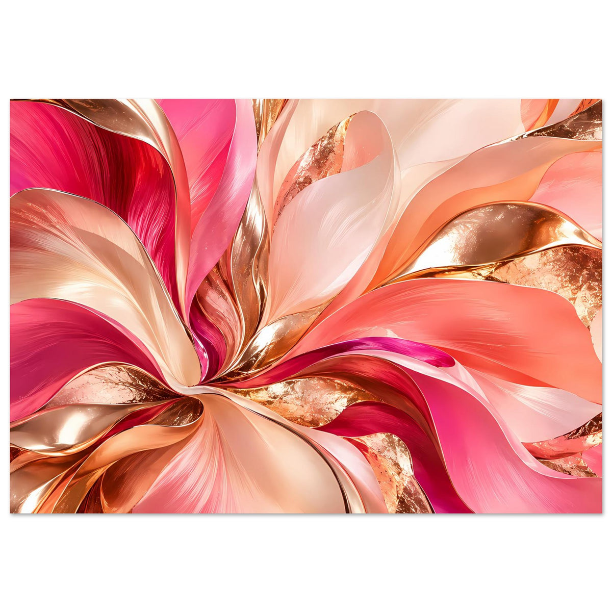 Abstraktes Blumenposter mit kräftigen rosa Blütenwirbeln und goldschimmernden Bandspiralen