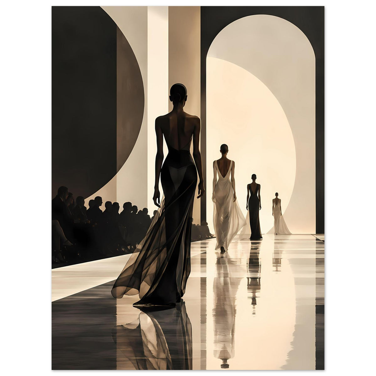 Poster (Hochformat): Laufstegmodell im schwarzen Abendkleid, weitere Figuren im Monochrom