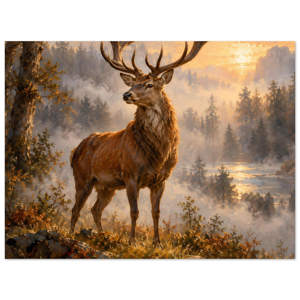 Poster mit braunem Hirsch mit Geweih, stehend, vor Wald und warmem Sonnenaufgang