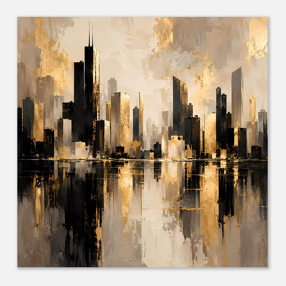Cityscape-Poster horizontal mit Wolkenkratzern in Gold, Schwarz und Spiegelbildern
