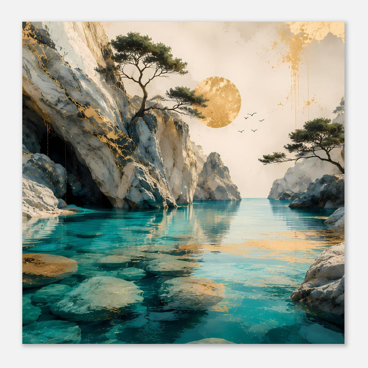Poster mit Küstenlandschaft: Blick über das türkisfarbene Wasser zwischen Felsklippen