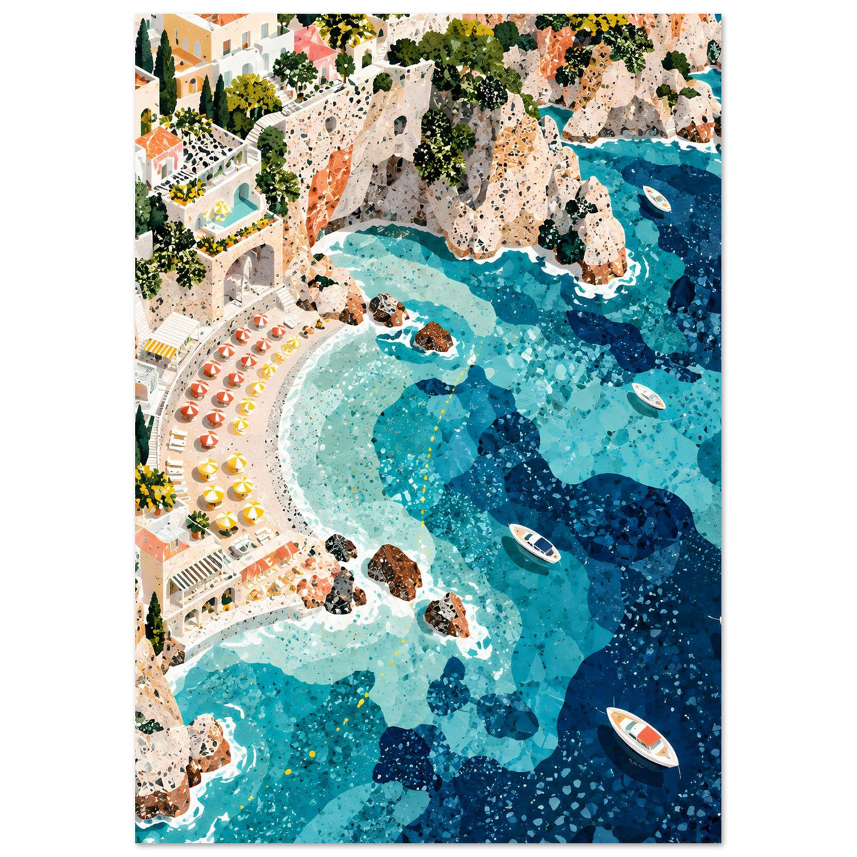 Mediterrane Küstenlandschaft mit Villen, sonnigen Felsklippen und türkisblauem Meer in Mosaikoptik – Posteransicht 33