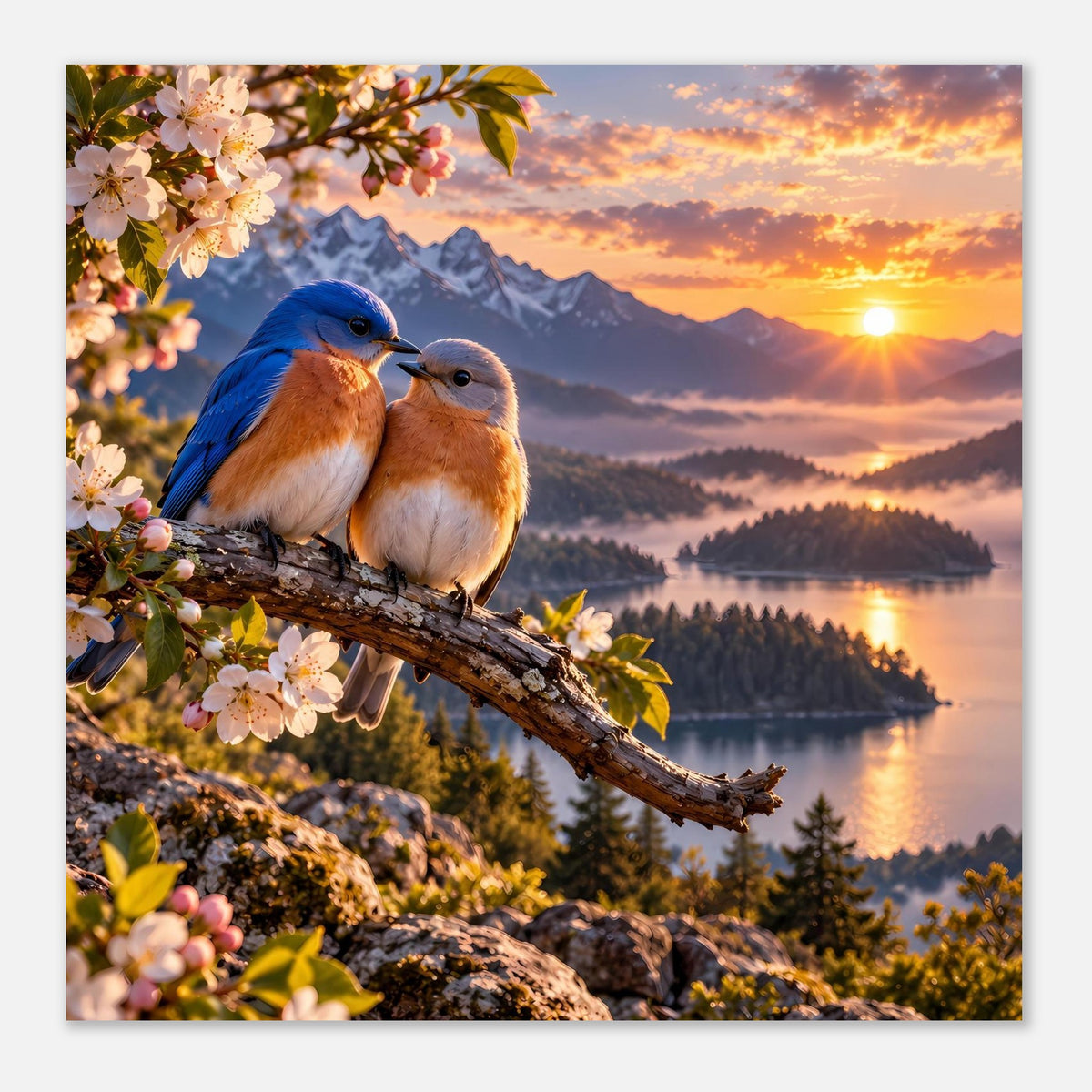 Nahaufnahme-Poster: zwei Vögel auf Ast zwischen Blüten vor Sonnenuntergang und Bergen.