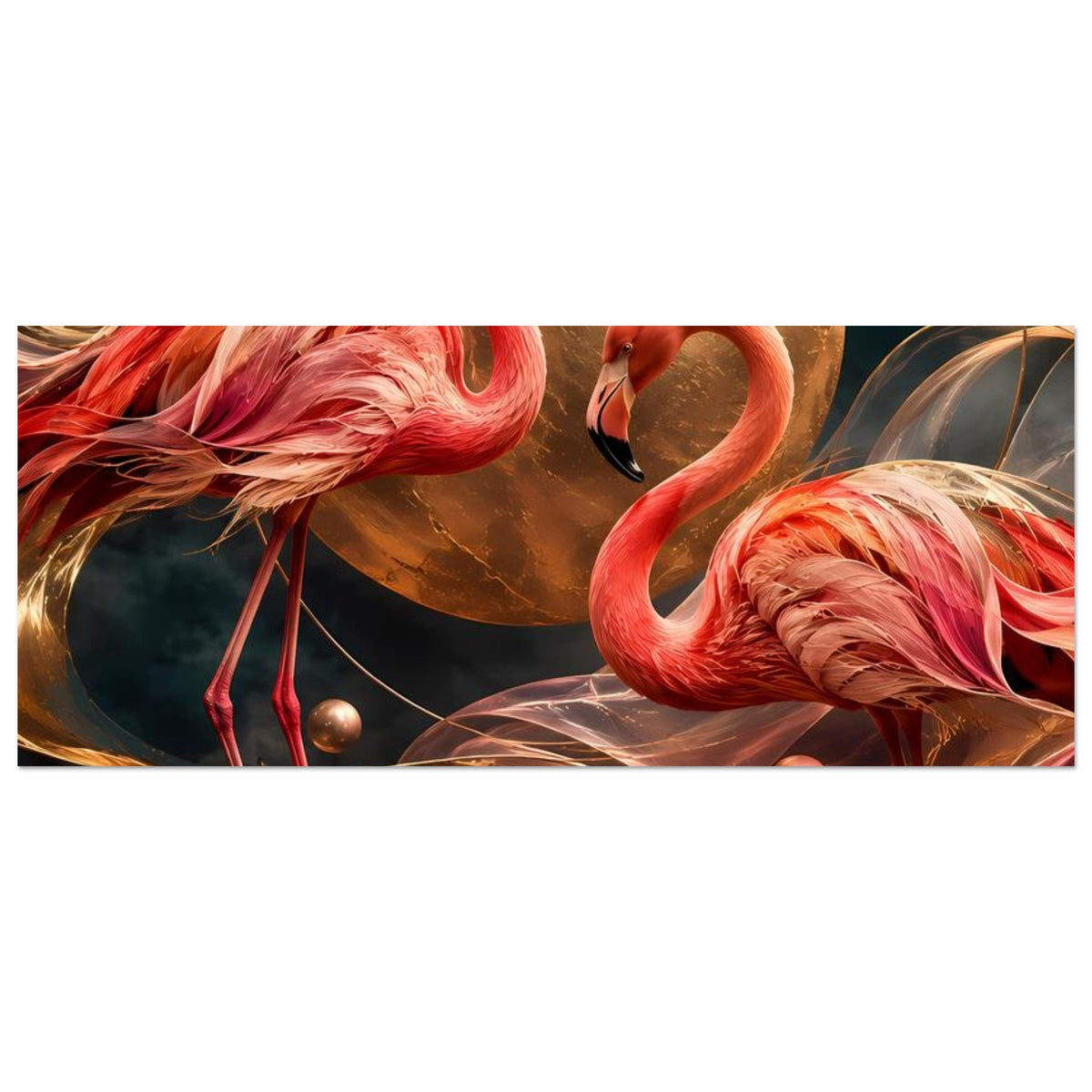 Kunstposter-Ausschnitt mit rosafarbenen Flamingos vor goldener Mondkugel