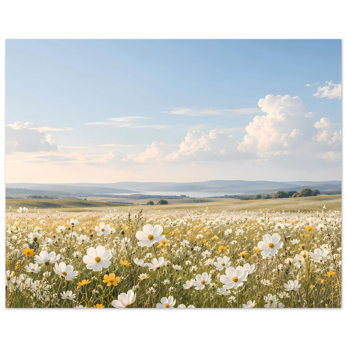 Blumenwiesen-Poster im Querformat mit Blumenmeer, weißen Blüten und weiter Landschaft