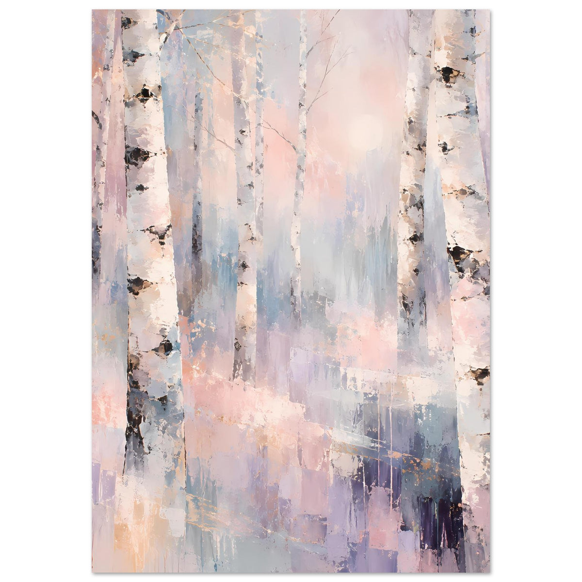 Naturposter Birkenwald in Pastellfarben im Hochformat, Birkenstämme und ruhiger Farbverlauf