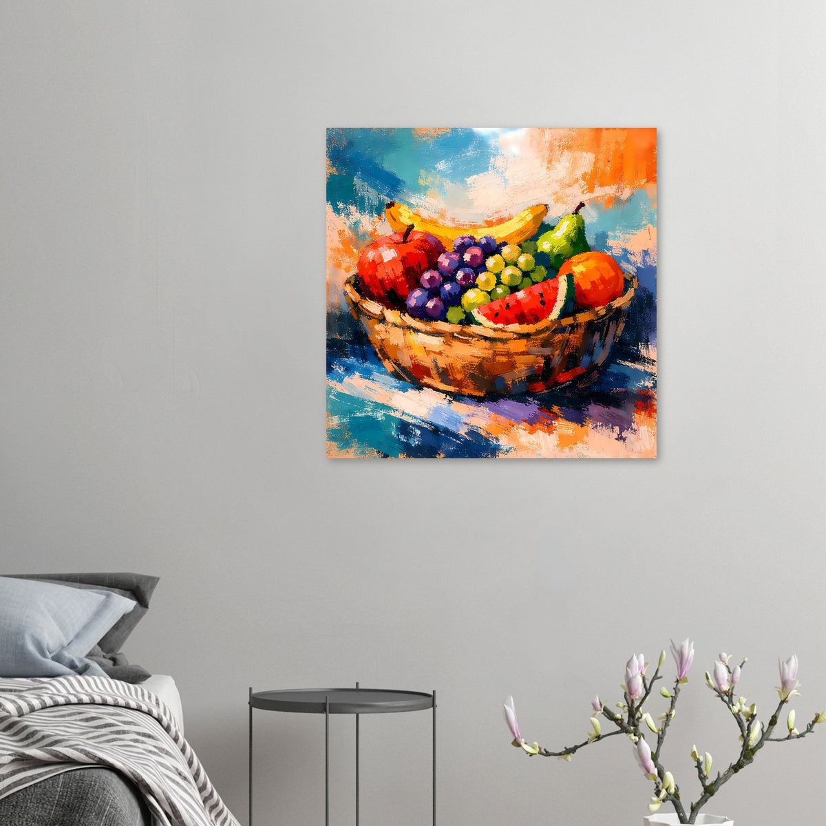 Poster mit expressiver Malerei: Früchtekorb mit bunten Beeren und Melone