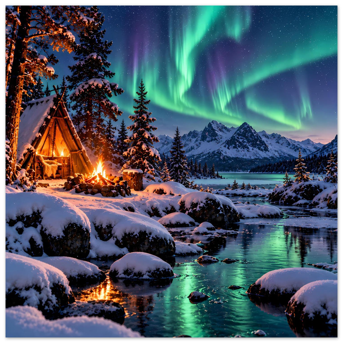 Winterlandschaft-Poster mit Zelt am Feuer, Kiefern im Schnee, Nordlichter über Berggipfeln