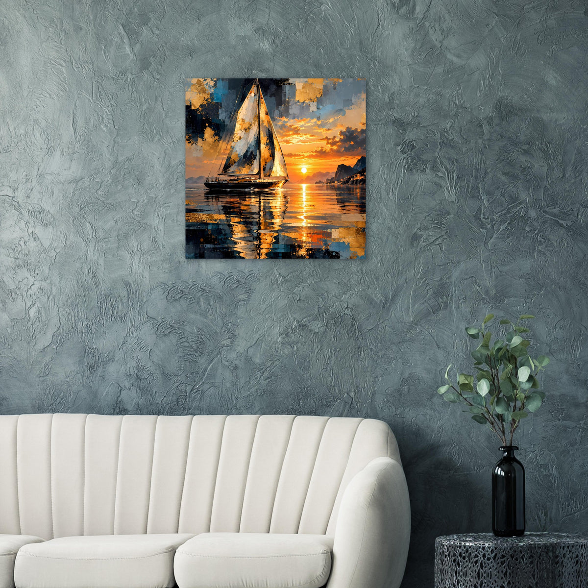 Quadratisches Poster mit Segelboot bei Sonnenuntergang, leuchtender Horizont und Reflexion