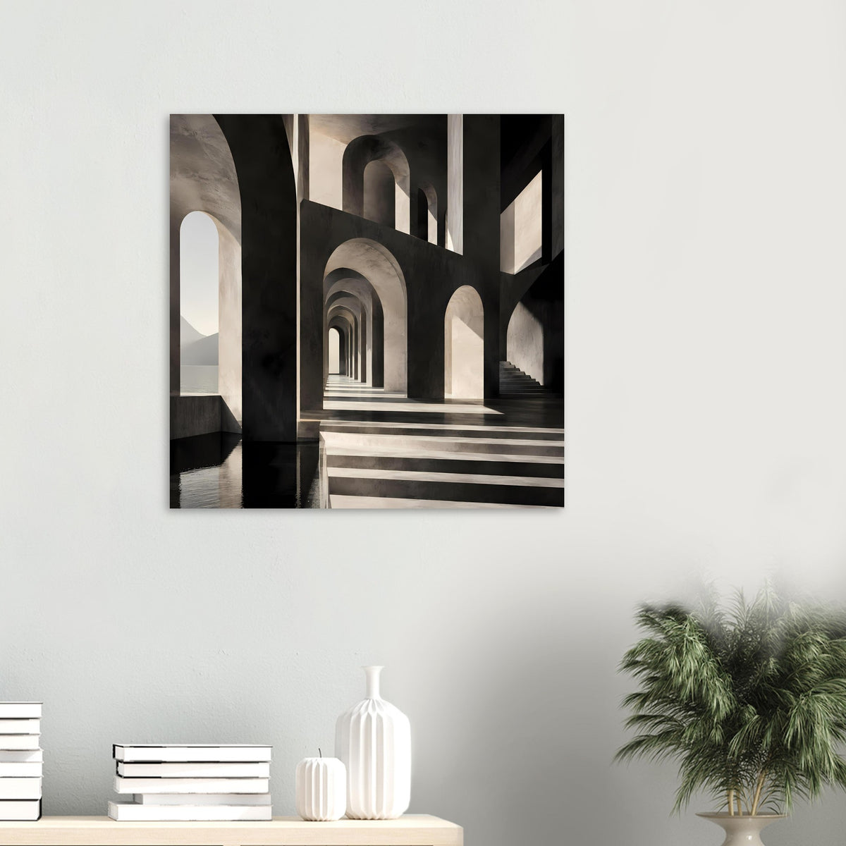 Gerahmtes Architektur-Poster an der Wand: graue Treppenstufen und Rundbogen-Fluchtperspektive