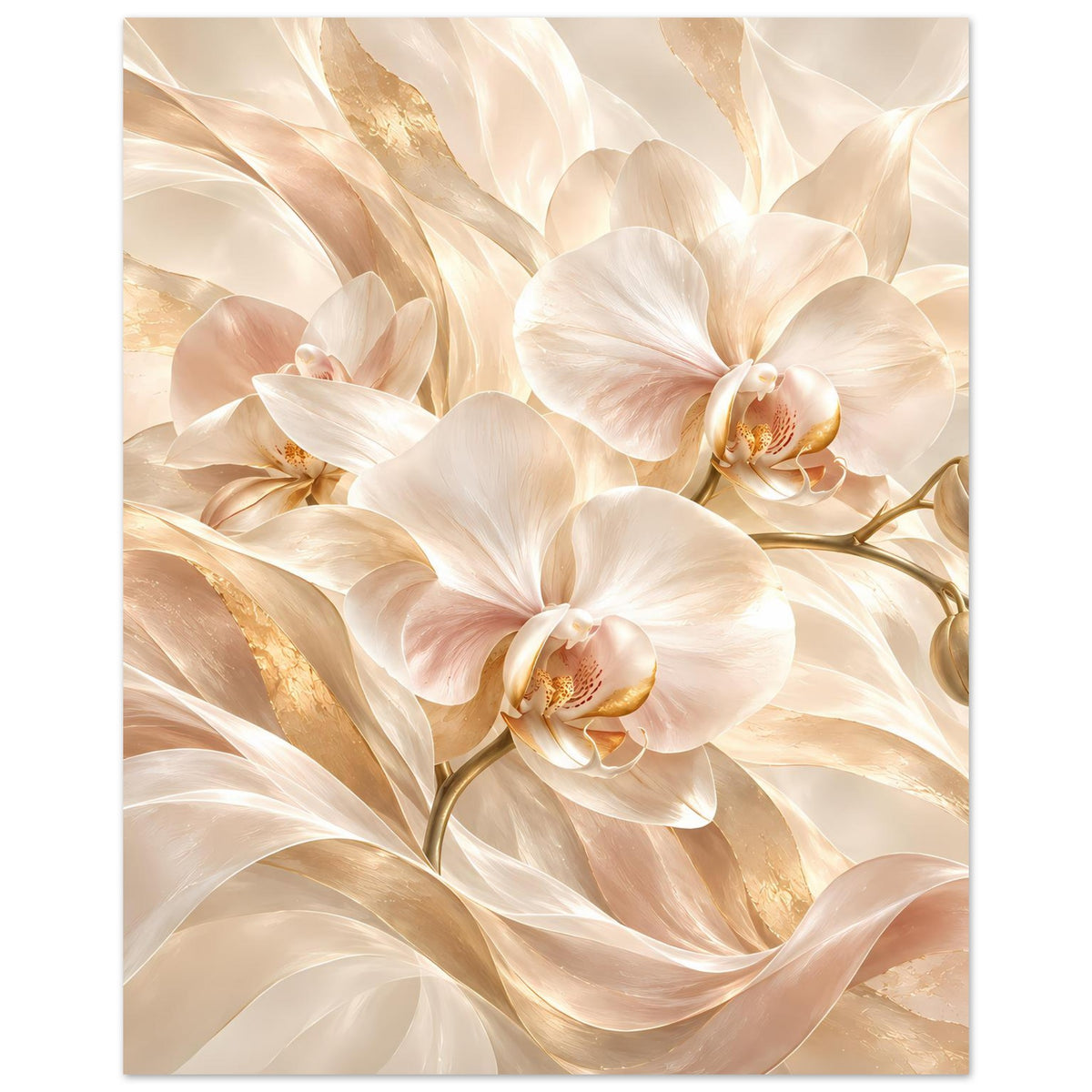 Orchideenposter im Hochformat mit weißen Blüten und goldenen Blattakzenten in Creme