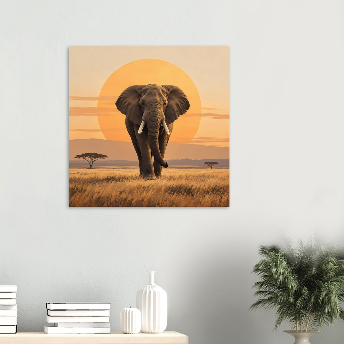 Wandposter mit Elefant im Vordergrund und orangefarbenem Sonnenkreis im Abendhimmel