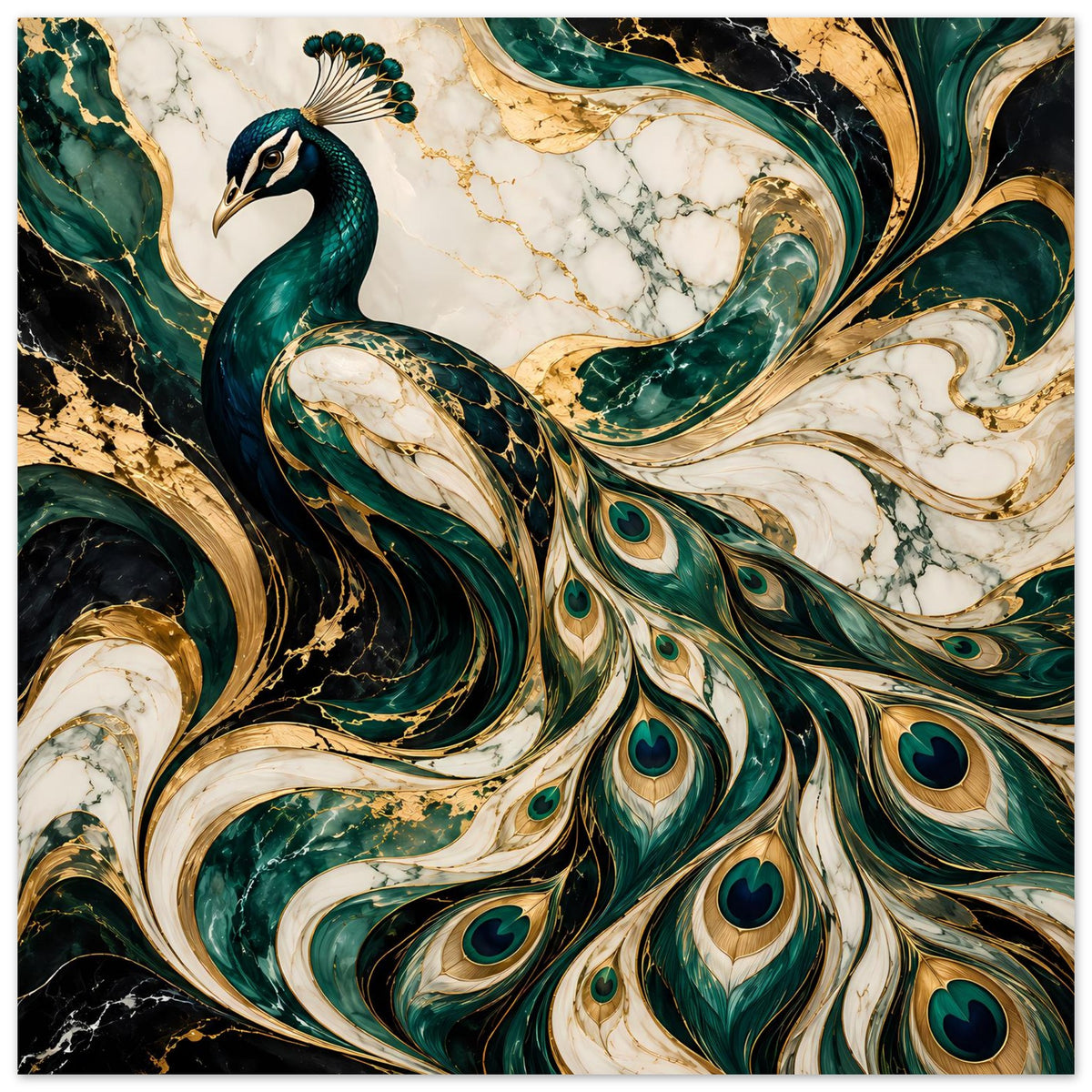 Pfau-Poster Close-up: smaragdgrüne Federn, goldene Kurven und Pfauenauge-Details