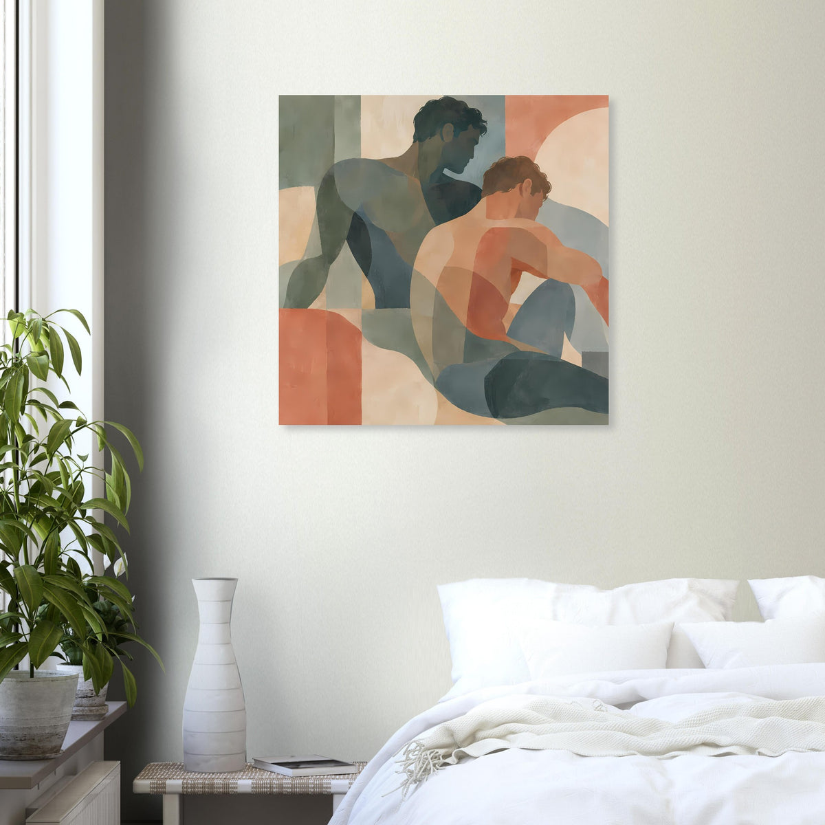 Abstrakter Kunstdruck mit zwei Figuren in warmen Erdtönen, quadratisches Bild