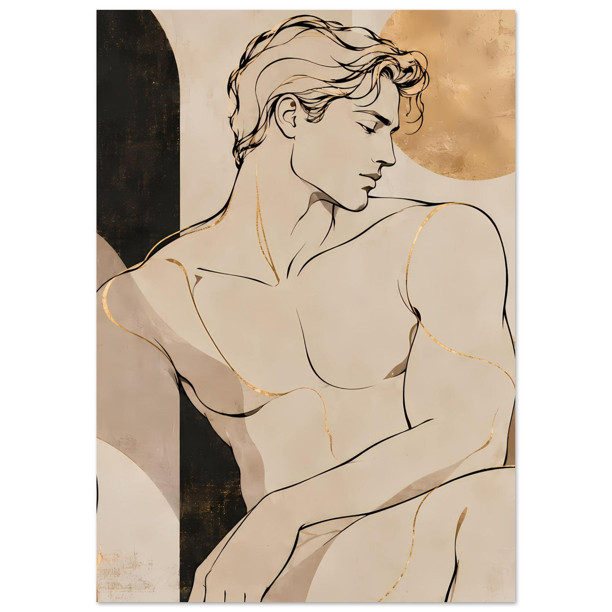 Kunstposter mit Aktfigur, warmen Beige- und Brauntönen sowie goldfarbenem Akzentkreis