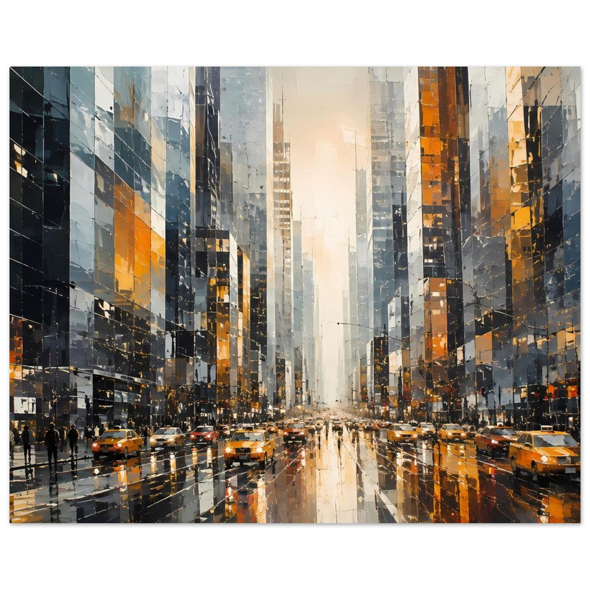 Poster mit Großstadtstraße, gelben Taxis, hohen Gebäuden und reflektierendem Licht