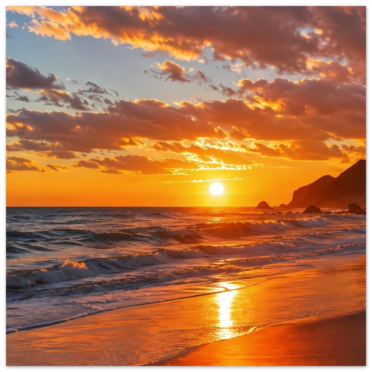 Sunset-Beach-Poster im Querformat: Abendsonne, nasser Sand mit Schaumkanten am Ufer.