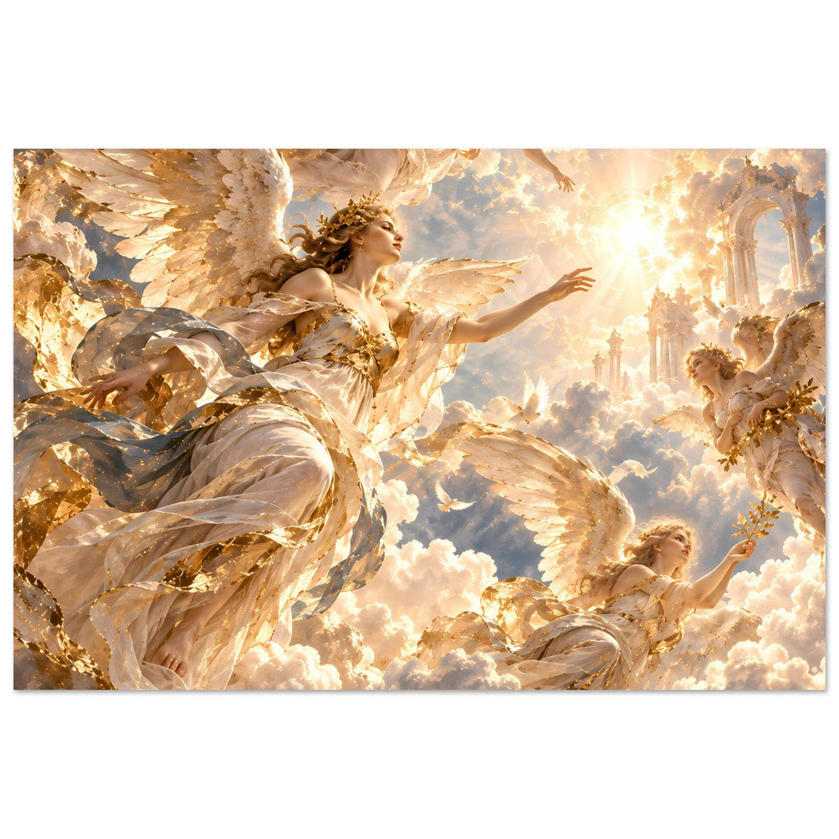 Premium-Mattposter horizontal: geflügelter Engel in Goldtönen, weitere Engel im leuchtenden Wolkenbild