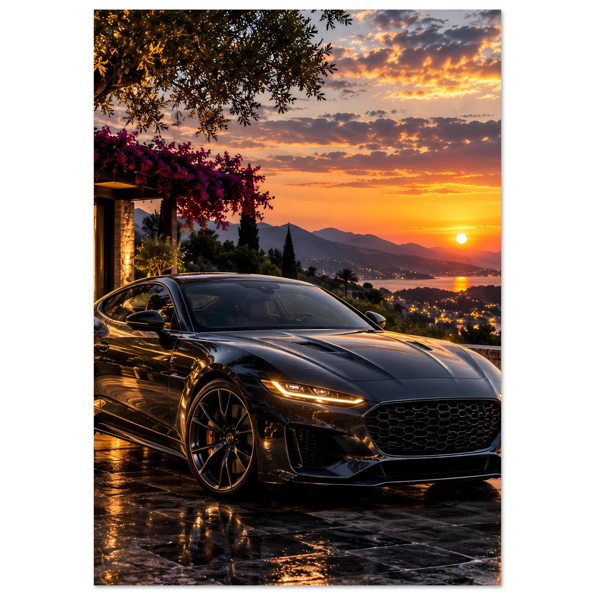 Poster mit schwarzem Sportwagen vor Sonnenuntergang, Hochformat