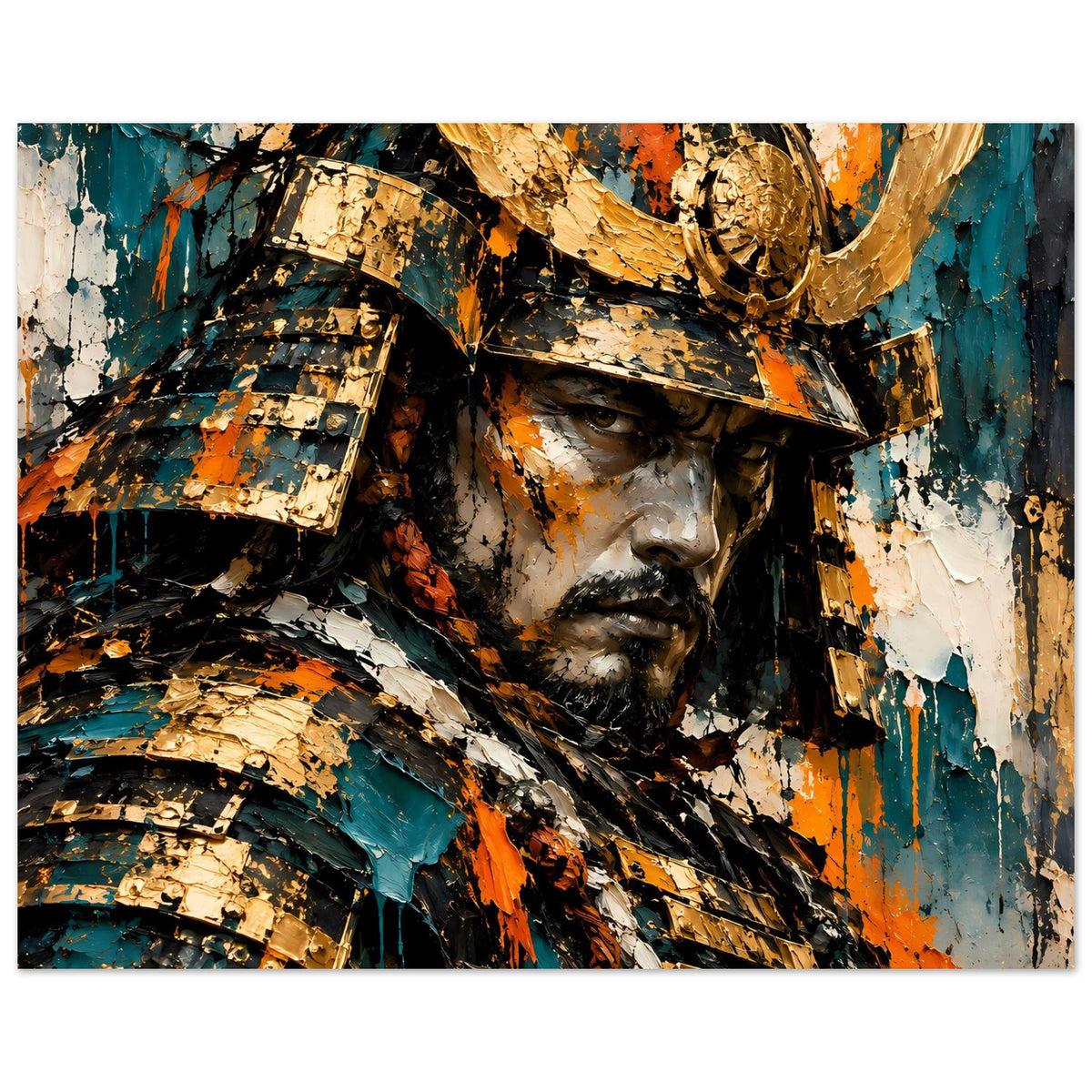 Horizontales Poster mit Samurai-Krieger, goldener Helmeinlage und Spritzgrafik in Teal/Orange.