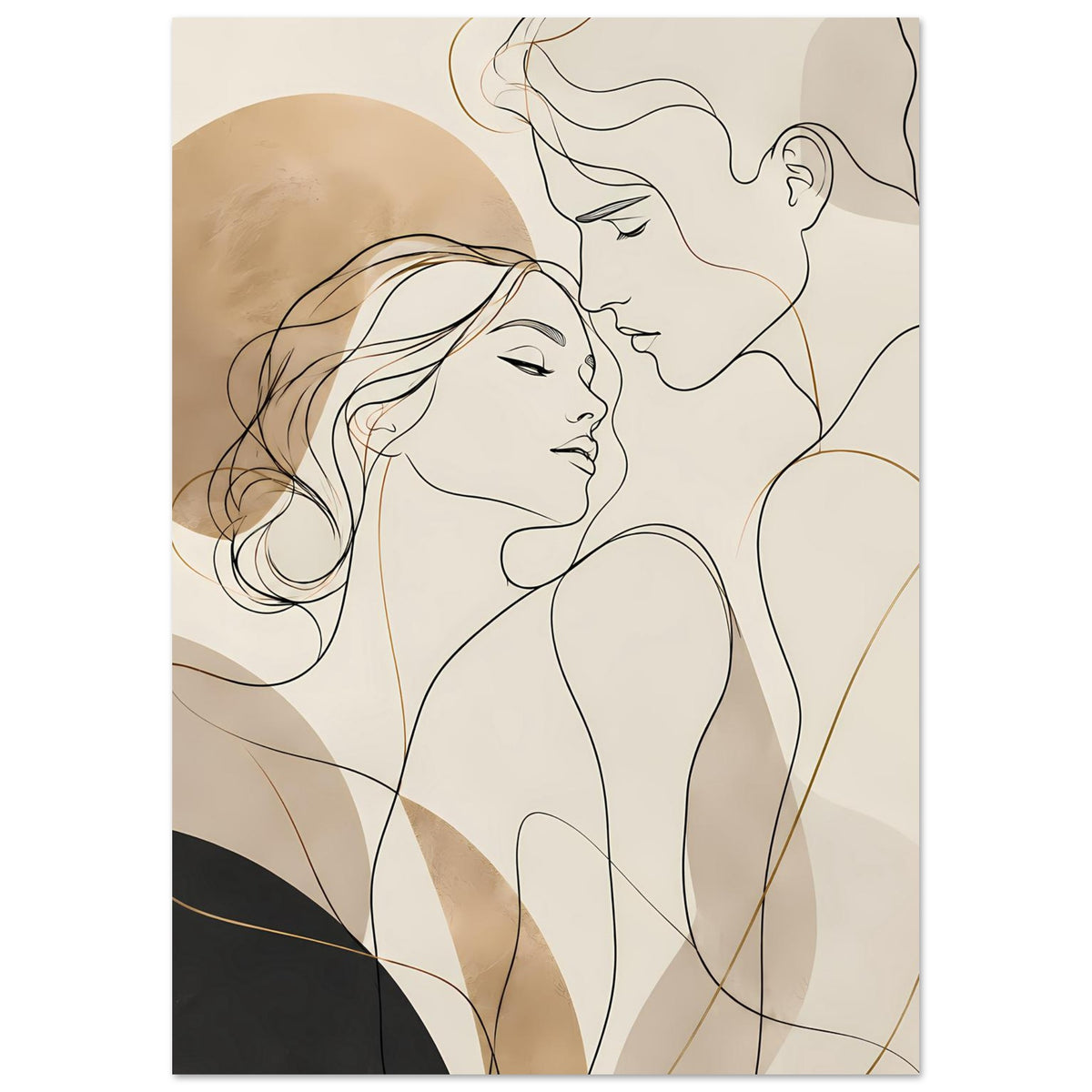 Poster mit Linienkunst: Liebespaar in inniger Umarmung, Beige, Ocker und feine Goldlinien.