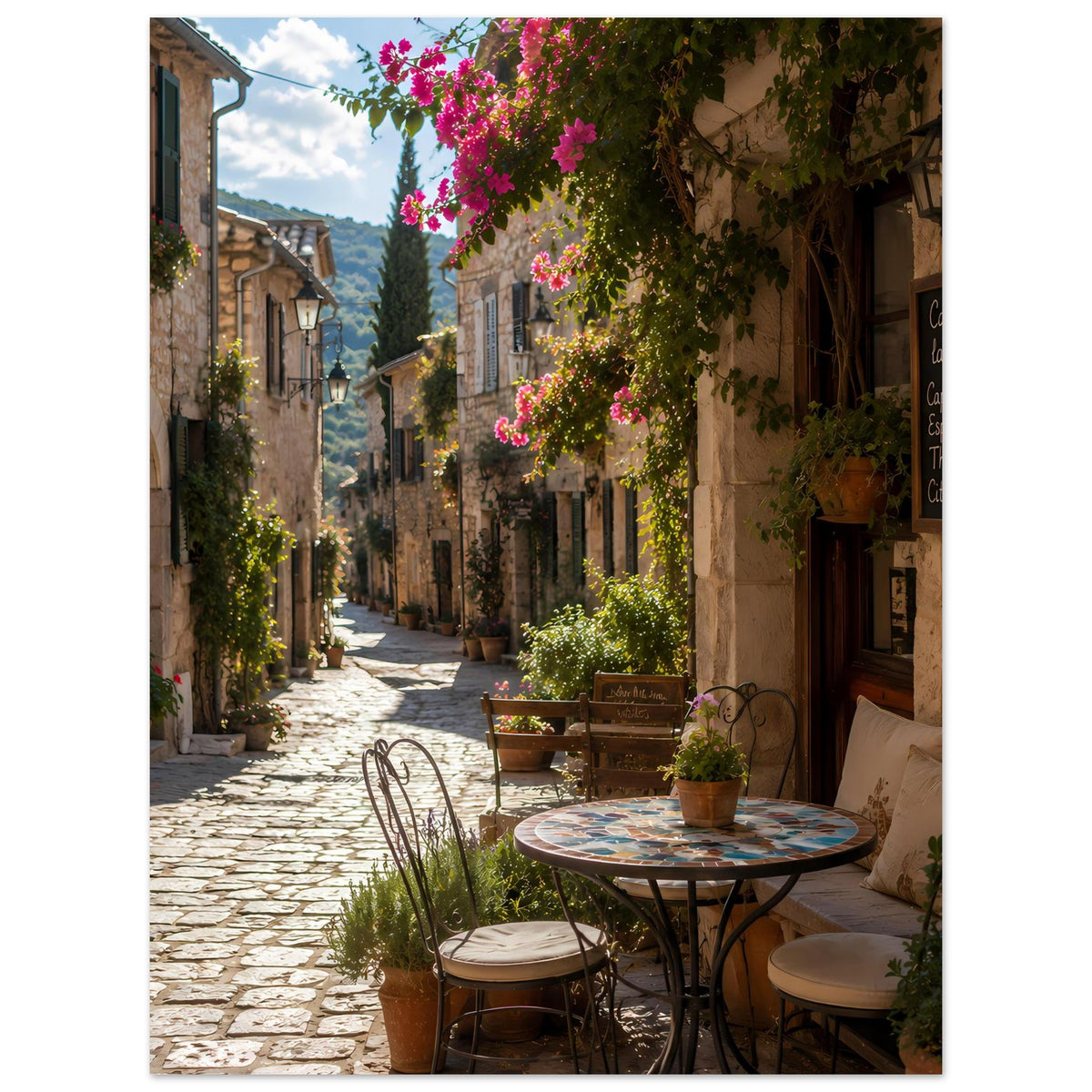 Vertikales Poster: sonnige Altstadtgasse mit Café, Blumen und Kopfsteinpflaster