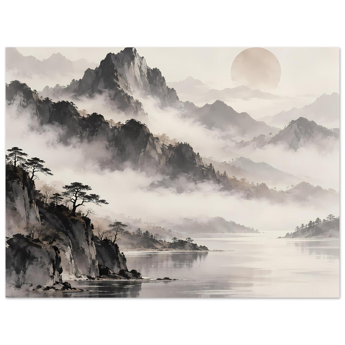 Großes Poster mit Schwarzweiß-Bergen im Nebel, Uferlinie unten und rundem Mond oben rechts