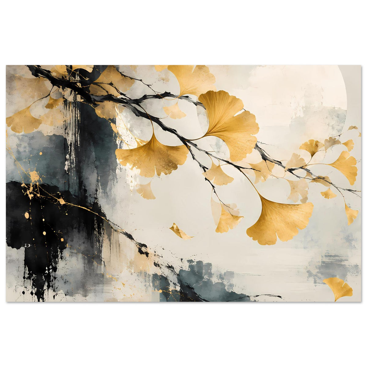 Kunst-Poster im Querformat mit goldenem Ginkgoblatt und schwarzen Zweigen, hell-beiger Aquarellhintergrund