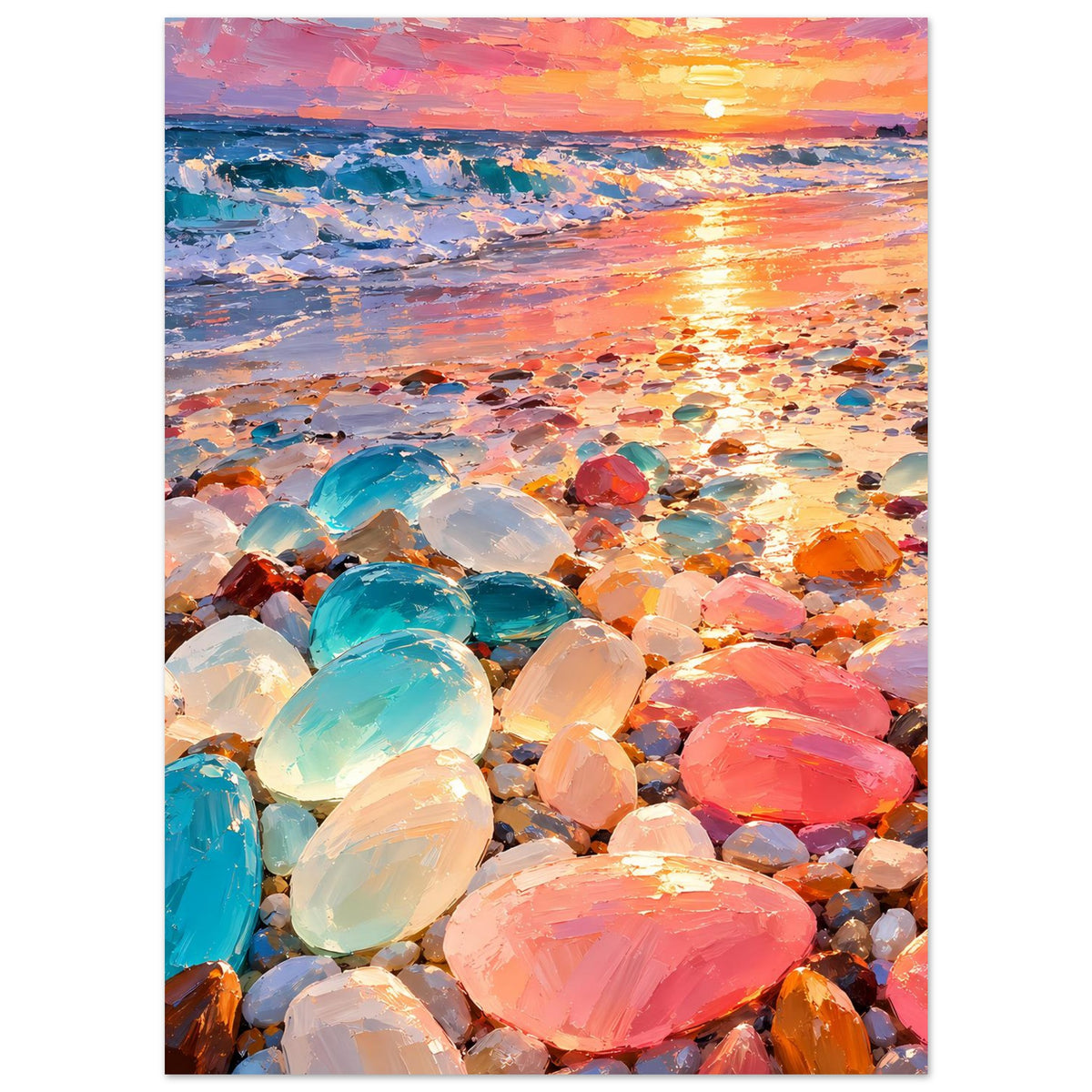 Poster mit Sonnenuntergang am Meer und farbigen Glassteinen, vertikales Layout