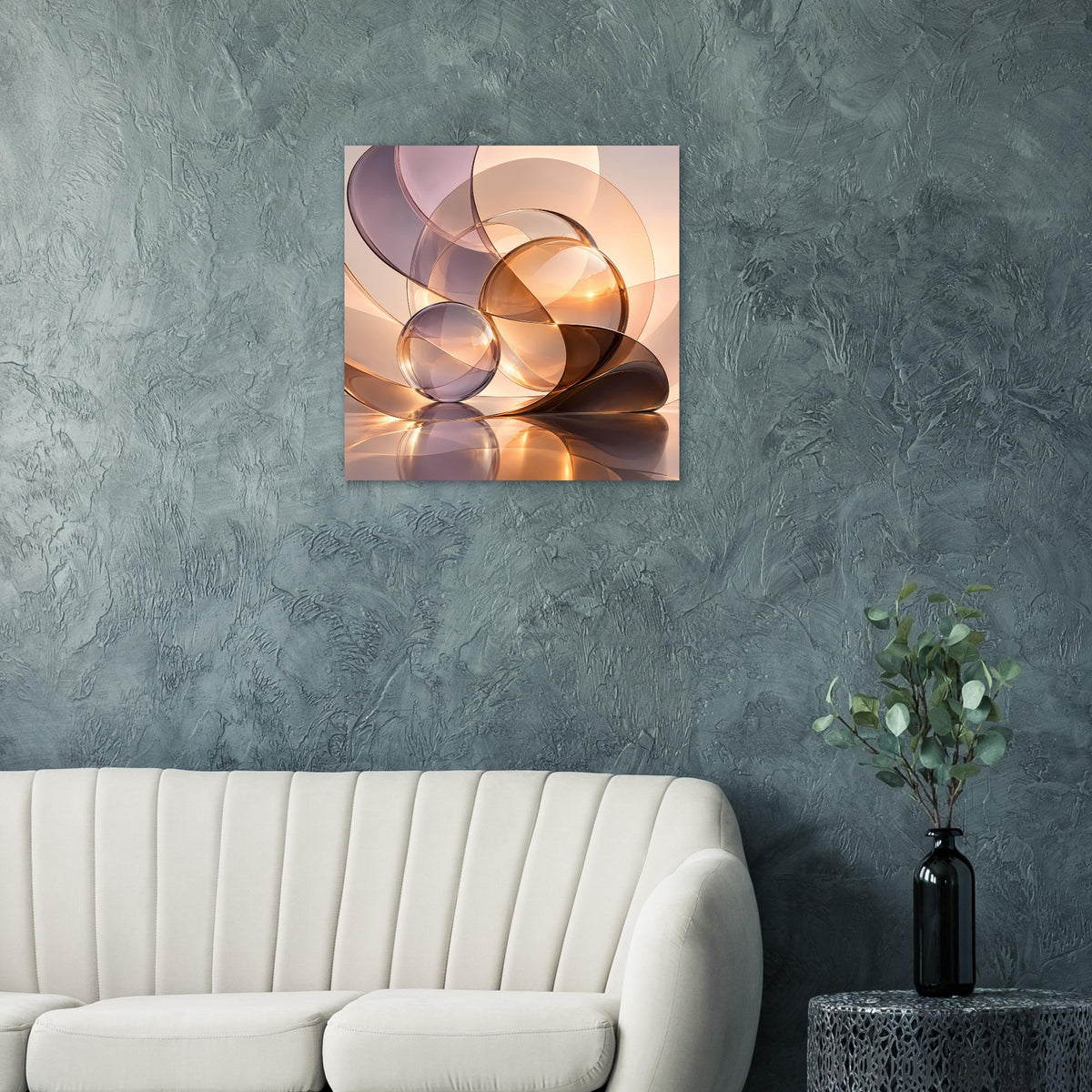 Quadratisches Poster mit abstrakten Glas-Kugeln und warmen goldenen Reflexionen