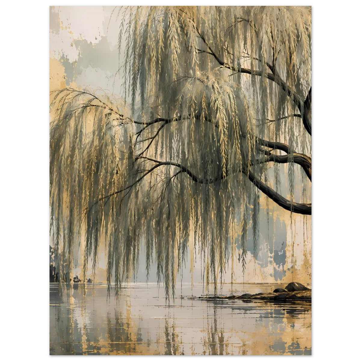 Wandposter mit Weidenbaum am Wasser, goldene und blaue Farbtöne, abstrakte Landschaft