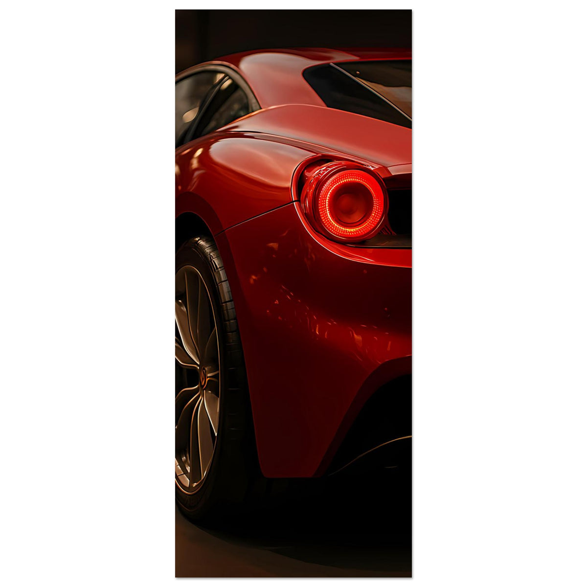 Rotes Sportwagen-Poster (hochkant) mit leuchtendem Rücklicht und vorderer Radpartie