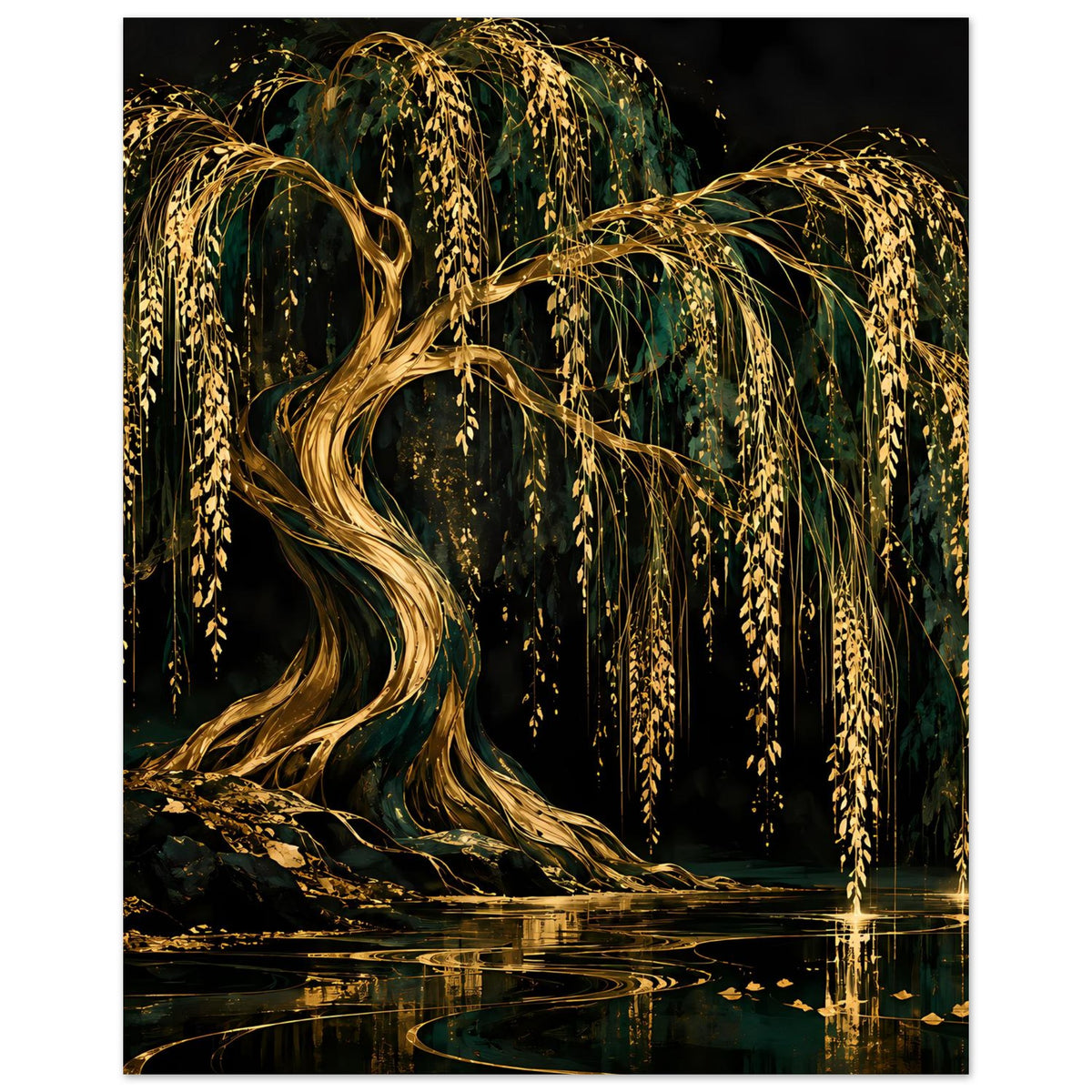 Poster mit gold-grünem Weidenbaum, zentraler Stamm mit herabhängendem Laub und Wasser