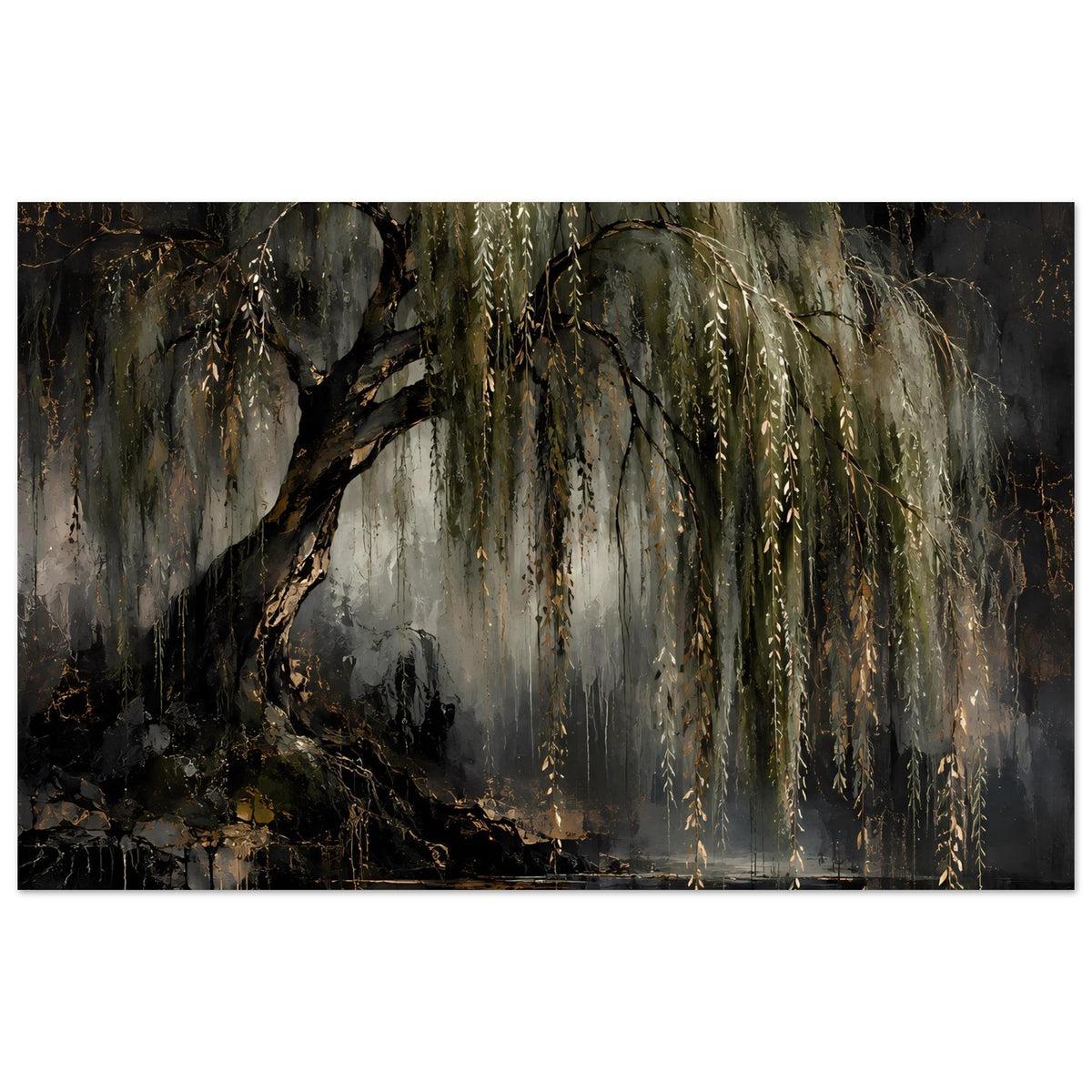 Naturposter mit trauerweidenartigem Baum über ruhigem Wasser, goldene Lichtakzente
