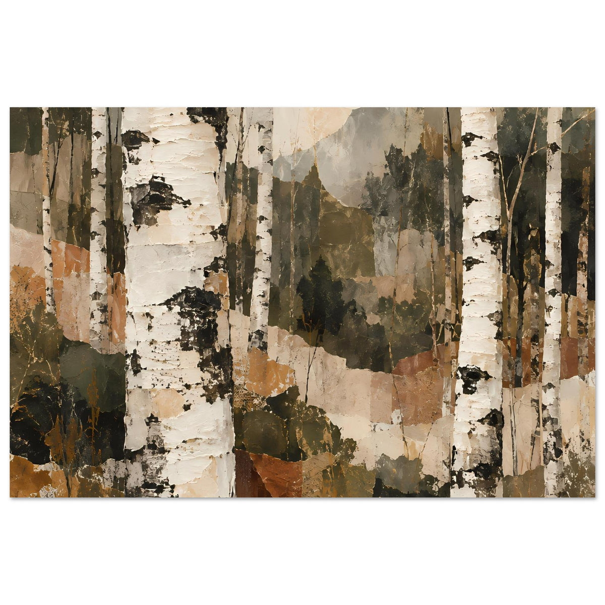 Kunstposter Birkenwald, horizontal, abstraktes Waldmotiv mit Birkenstämmen in Beige und Dunkel