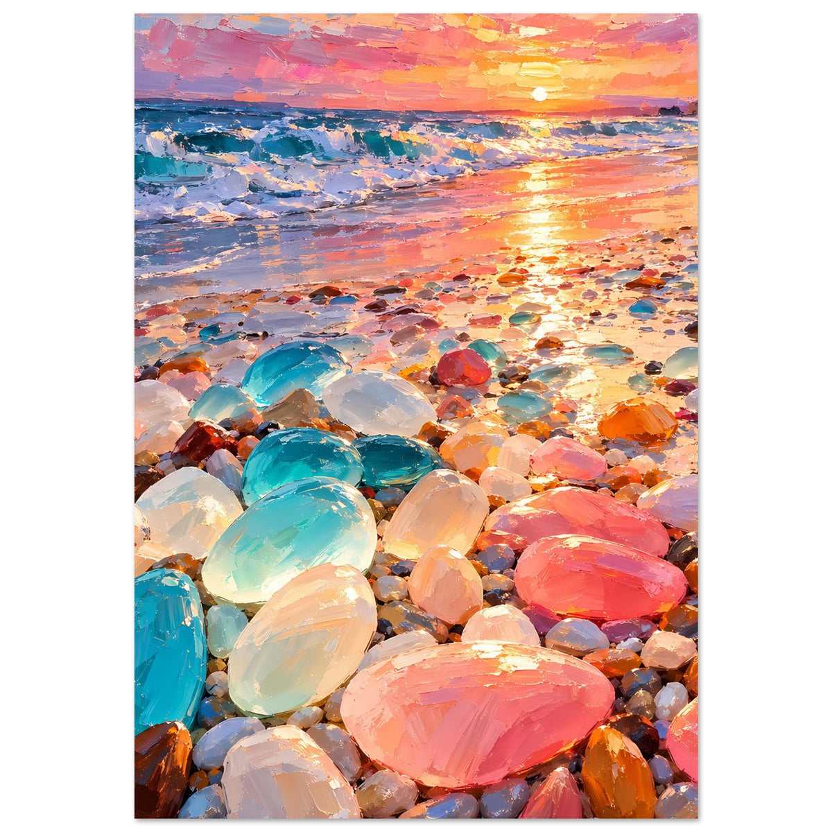 Wandposter mit Meerblick bei Sonnenuntergang und farbigen Edelsteinen am Strand
