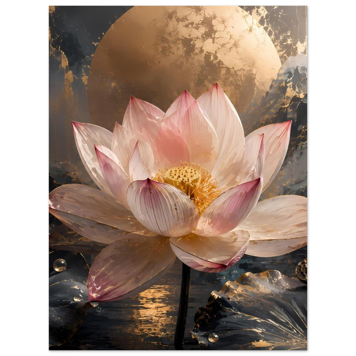 Poster mit rosa Lotusblüte, goldenem Mond und dunklen Blättern, goldener Staubnarbe