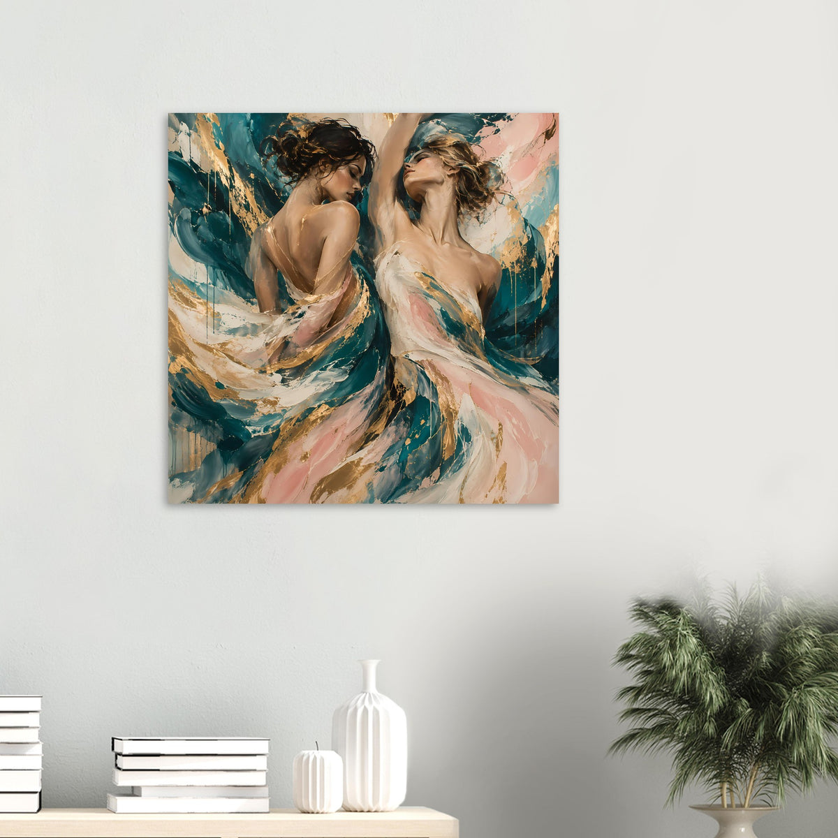 Wandposter im Querformat mit abstrakten tanzenden Figuren in Blaugrün und Rosa