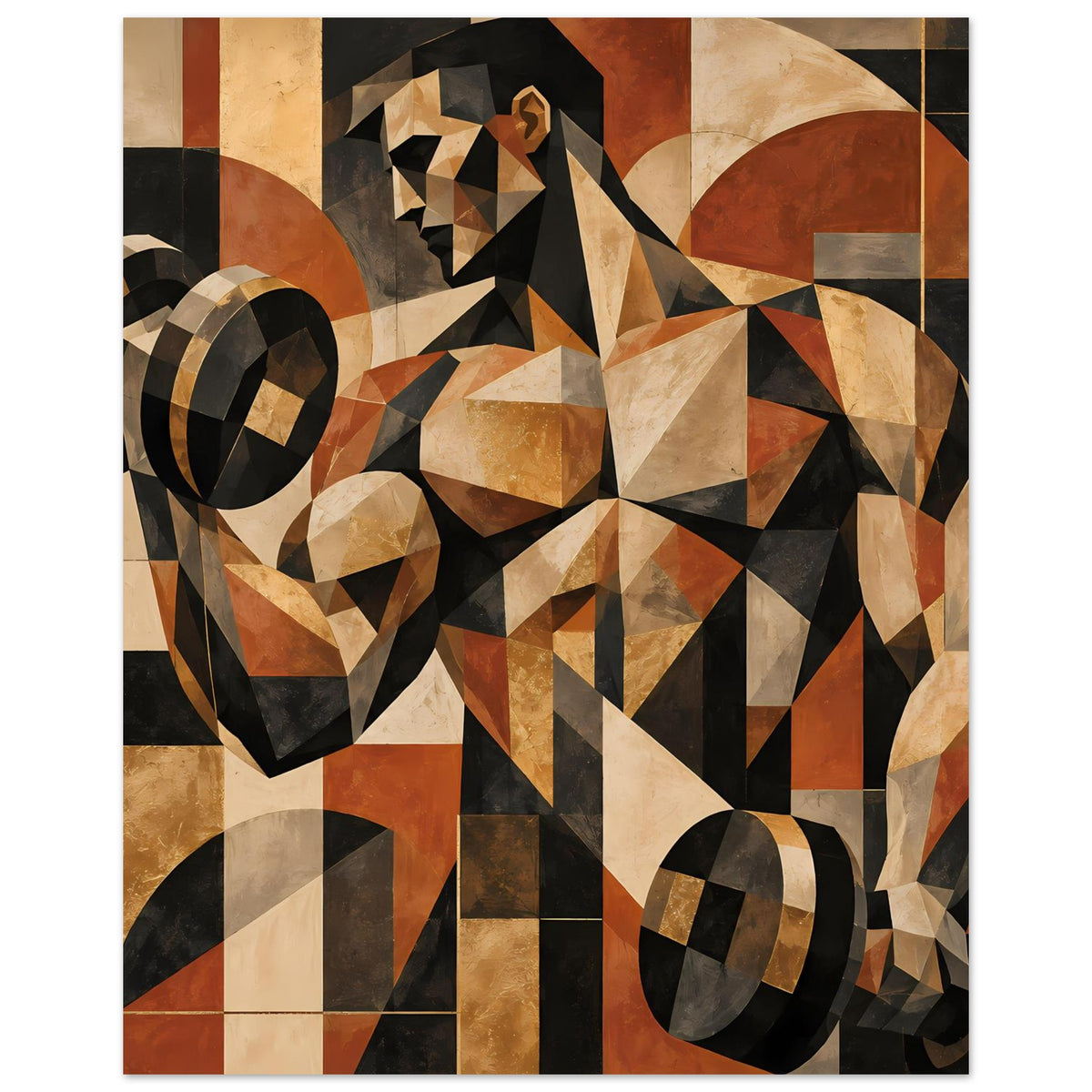 Abstraktes Poster, Fokus auf geometrische Figur mit Dreiecken und Rechteckflächen in Erdtönen