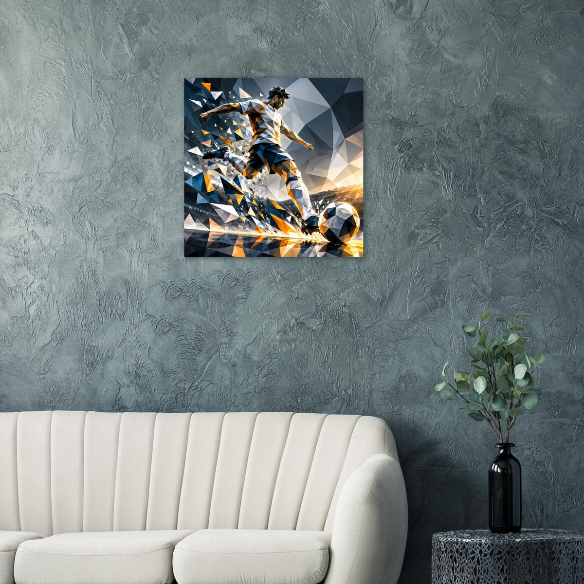 Fußball-Actionposter mit Spieleraktion und Ball, geometrische Blau/Orange-Optik