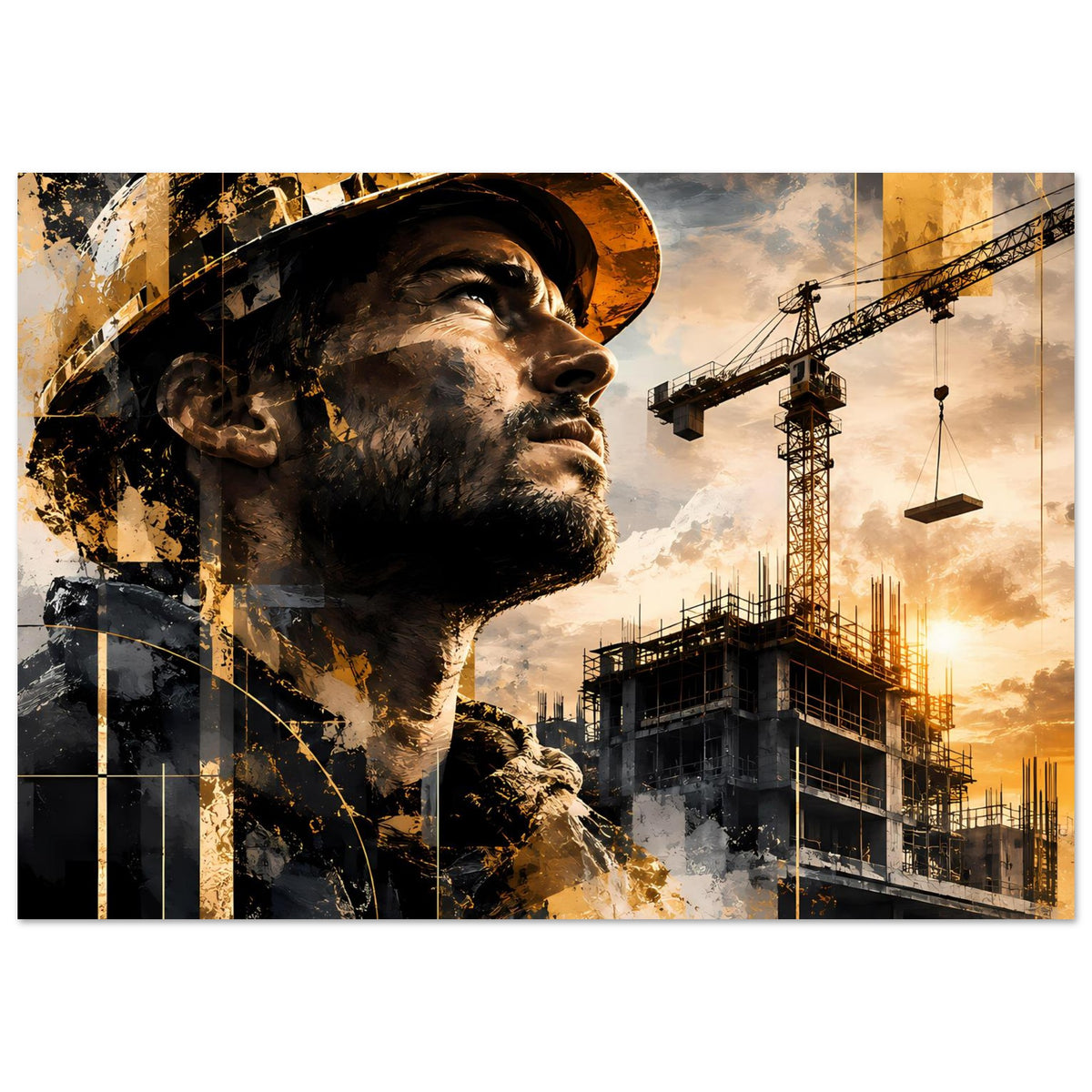 Bauarbeiter-Poster im Querformat mit Profilgesicht, Baukränen und warmen Goldtönen