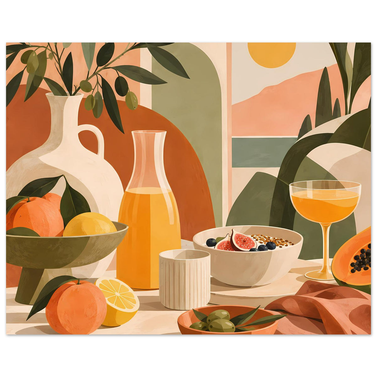 Still-Life-Poster: Obst, orange Vase, Schüssel mit Beeren, Cocktailglas und grüne Blätter