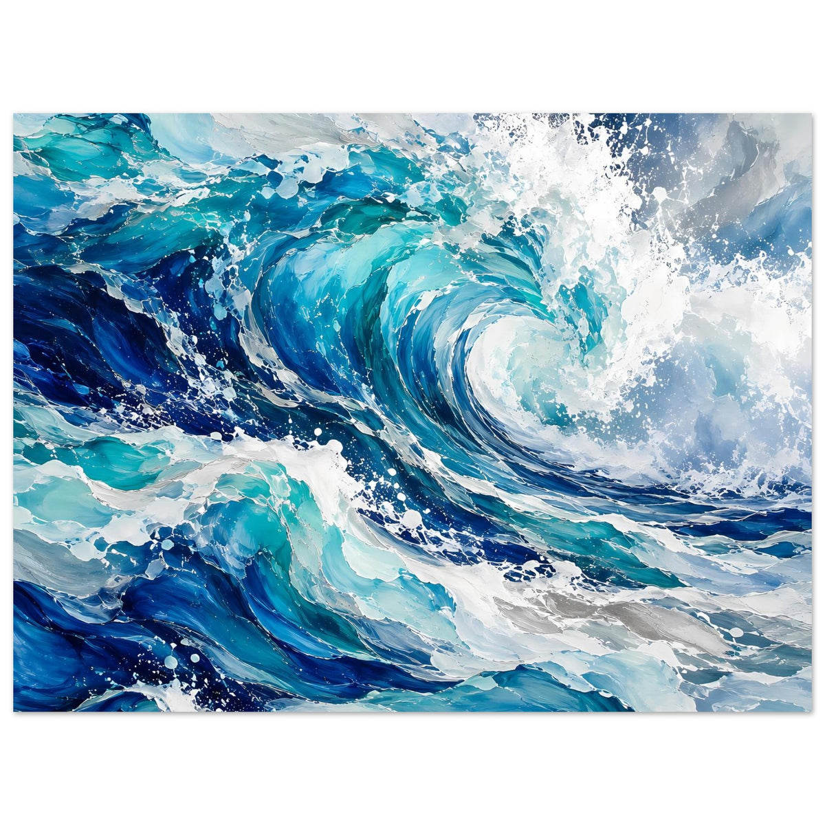 Kunstposter mit breiter Welle und weißen Schaumspritzern, Farbverlauf von Blau zu Türkis
