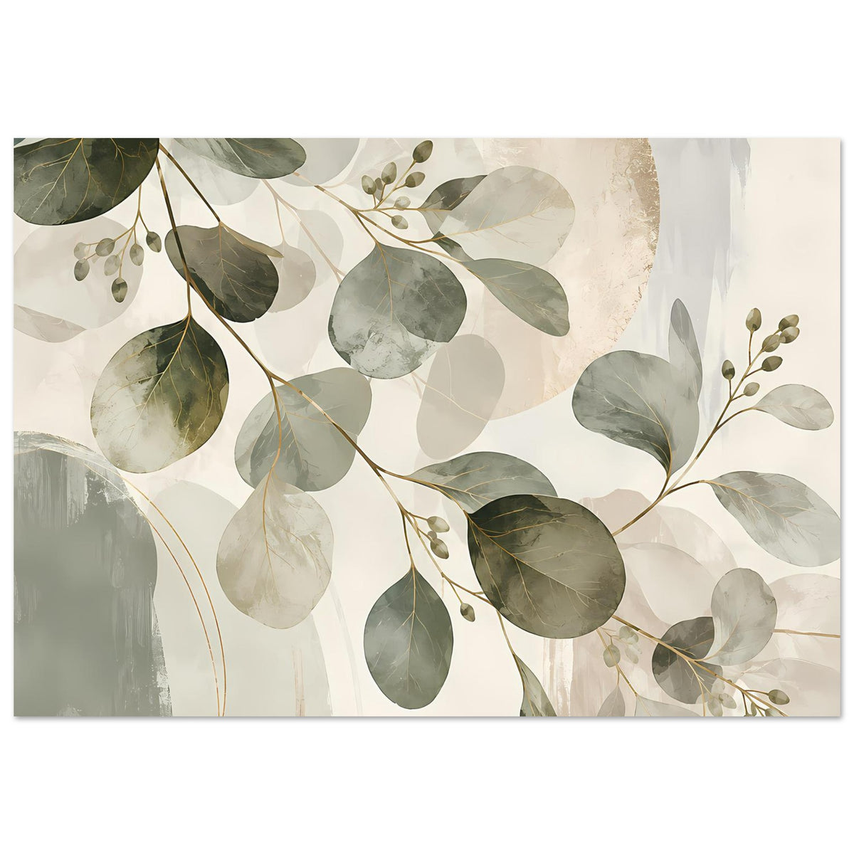 Botanisches Kunstposter mit Blättern und kleinen Zweigen, warmes Grün auf hellem Grund