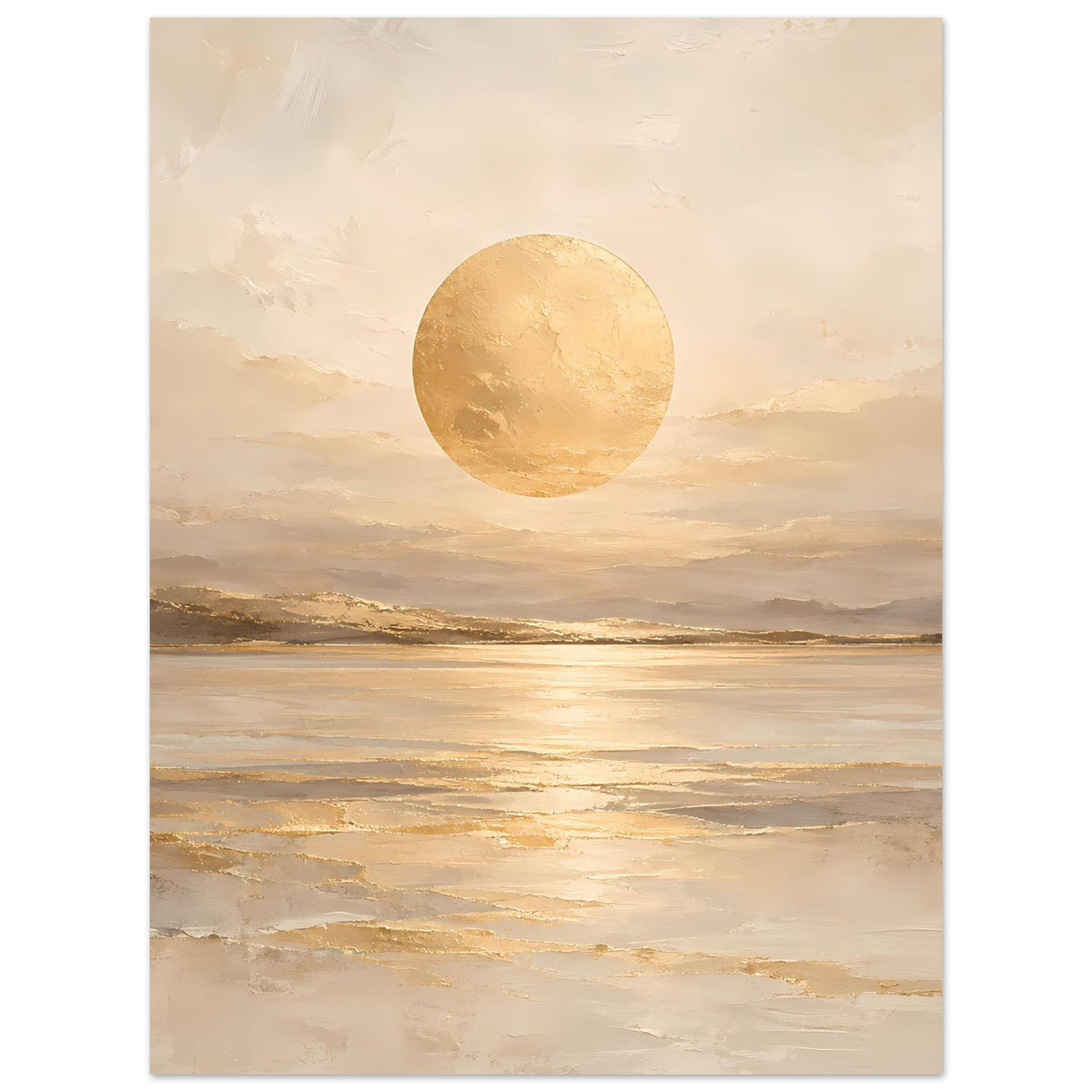 Hochformatiges Kunstposter: goldener Sonnenkreis über Küstenlandschaft in Beige