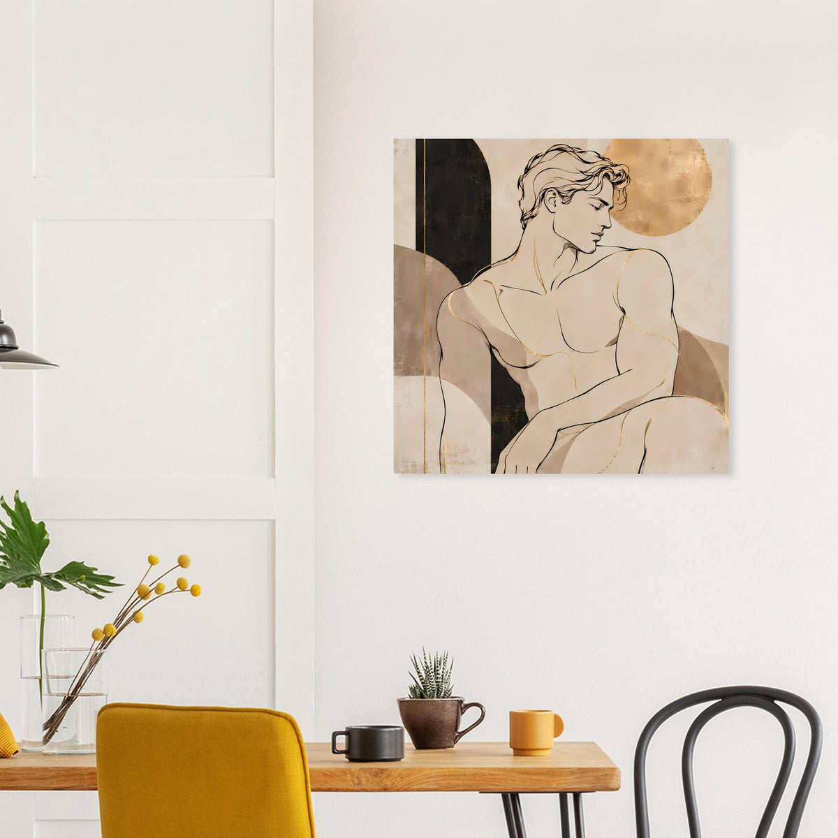 Kunstposter mit Aktfigur und warmen Erdtönen, goldfarbenem Kreis im Hintergrund