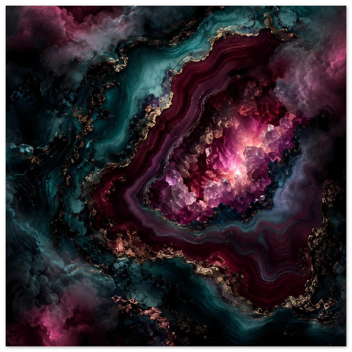 Poster im Querformat: Amethyst-Geode mit violetten Wolken, türkisfarbenen Schlieren, goldener Kante